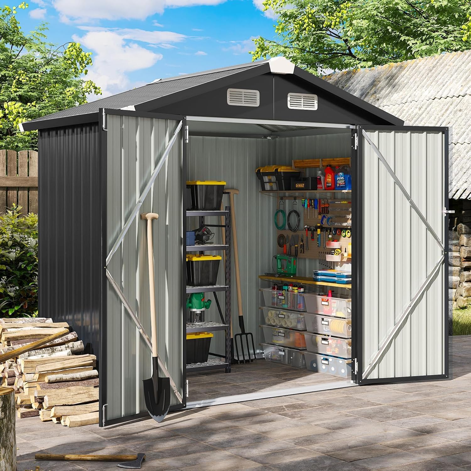 Aoxun 6.2x4 FT Shed Outdoor Storage Shed Metal Garden Shed Slooping Roof Tool Shed Bike Shed wourant