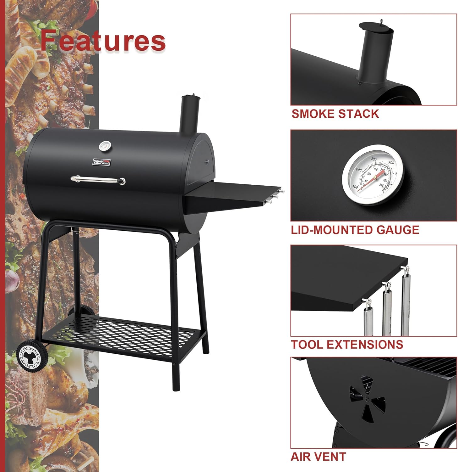 Royal Gourmet CC1830 30 Inch Barrel Charcoal Grill with Side Table, Outdoor BBQ Grill with 627 Sq. In. Cooking Space for Backyard, Patio and Parties, Black wourant