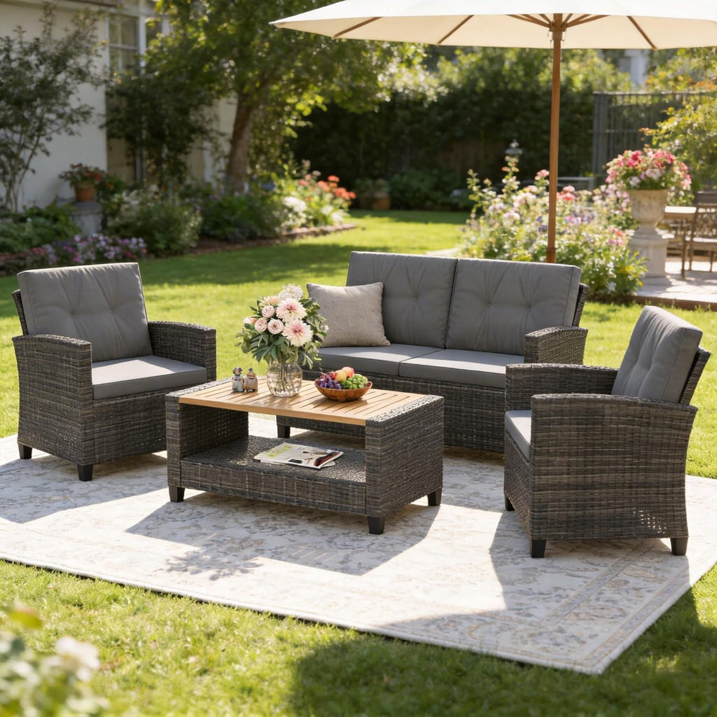 Wisteria Lane 4 Piece Patio Furniture Set, Wicker Outdoor Patio Conversation Furniture Set, All Weather Outdoor Patio Sofa with Cushion and Glass Table, Navy Blue woonhhop