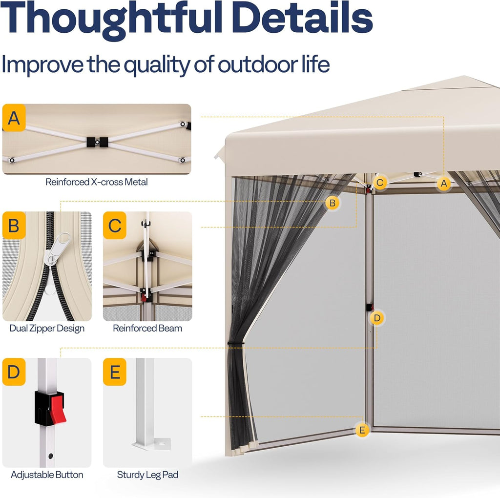 10x10ft Easy Pop-Up Canopy, Outdoor Screen Tent with Mosquito Netting, 2 Zipper Doors, and Roller Bag for Yard Camping Picnic Party Events, Beige wourant