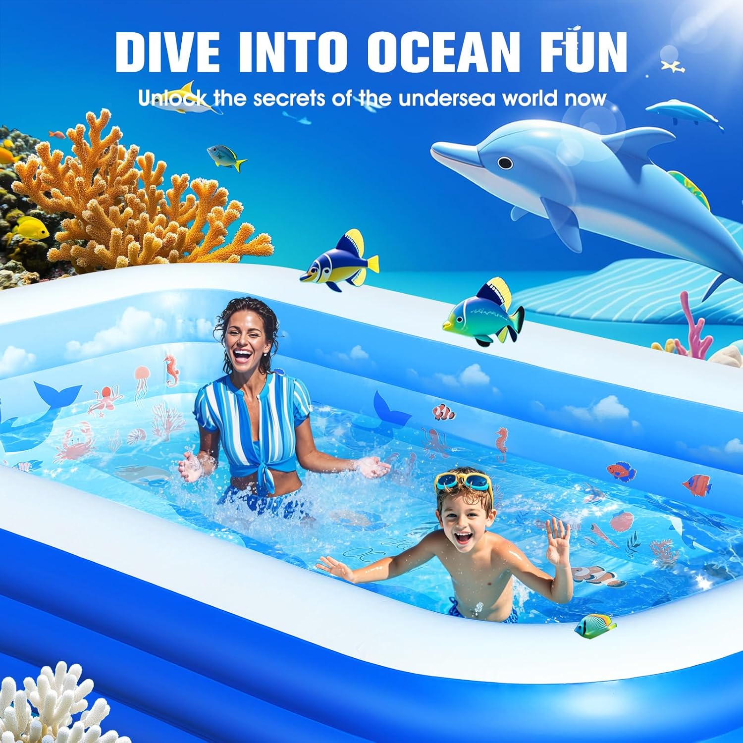 Inflatable Pool with Canopy,Upgraded Inflatable Swimming Pool for Kids,Adult,Large Inflatable Blow up Pools,Ocean Theme Oversized Thickened 105"x75"x25"Inflatable Family Pools for Backyard-Blue wourant