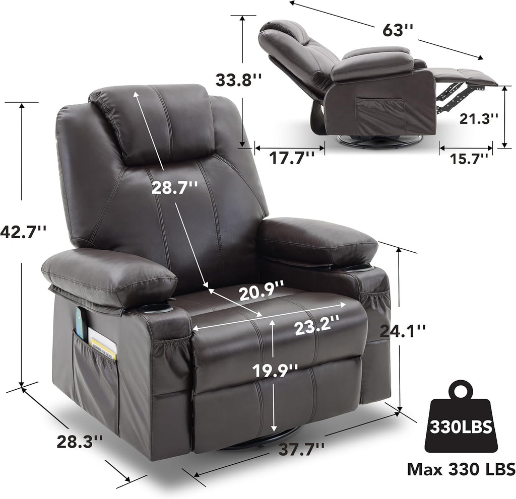 Large Swivel Rocking Recliner with Heating and Massage Function, 360 Degree Swivel Rocking Single Sofa wourant