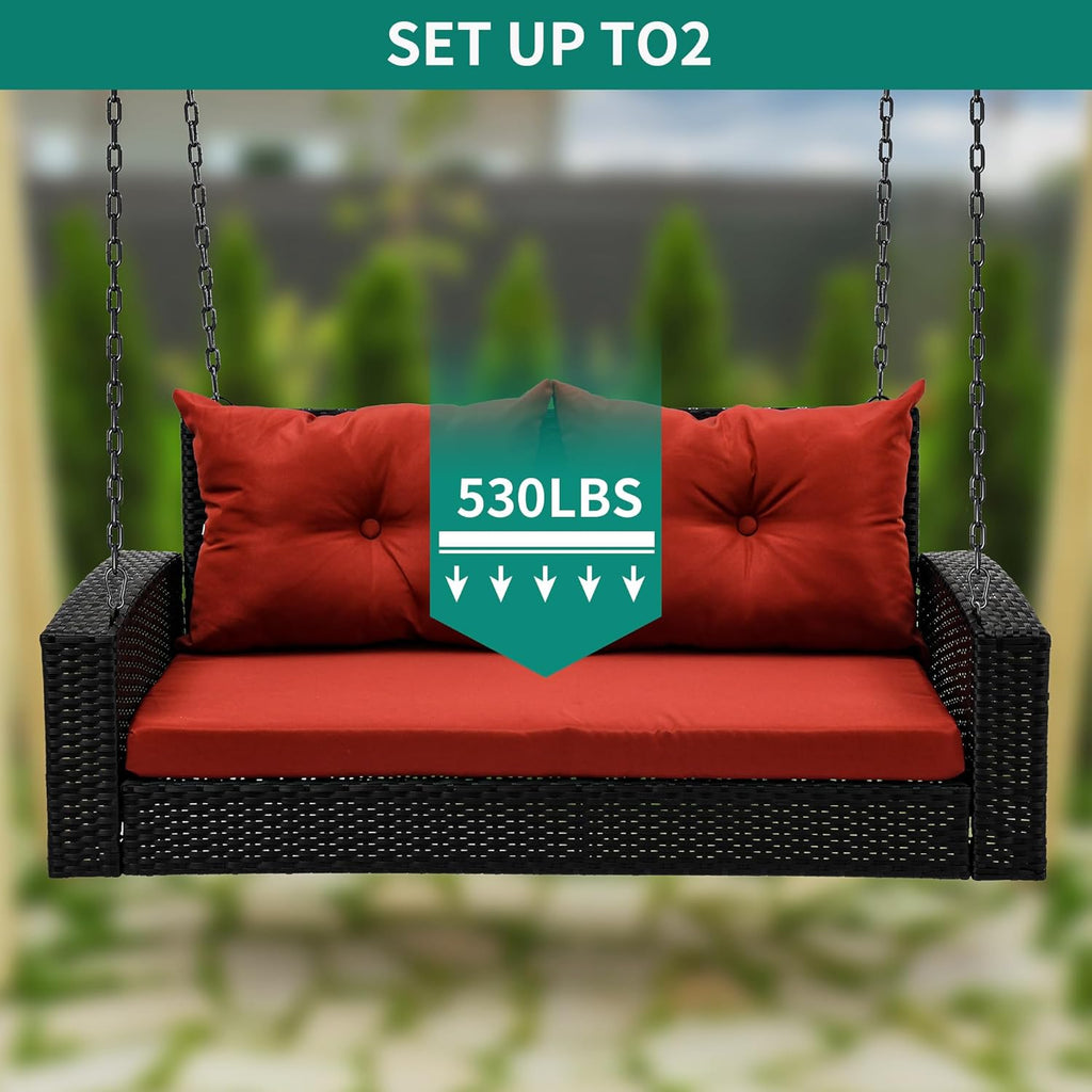 YITAHOME Hanging Porch Swing Chair Sits 3 People, Wicker Outdoor Swing Bench, Patio Lounge Chair, 1 Seating Cushion and 3 Back Cushions, w/Removable Covers, for Garden, Balcony, Backyard, Brown wourant