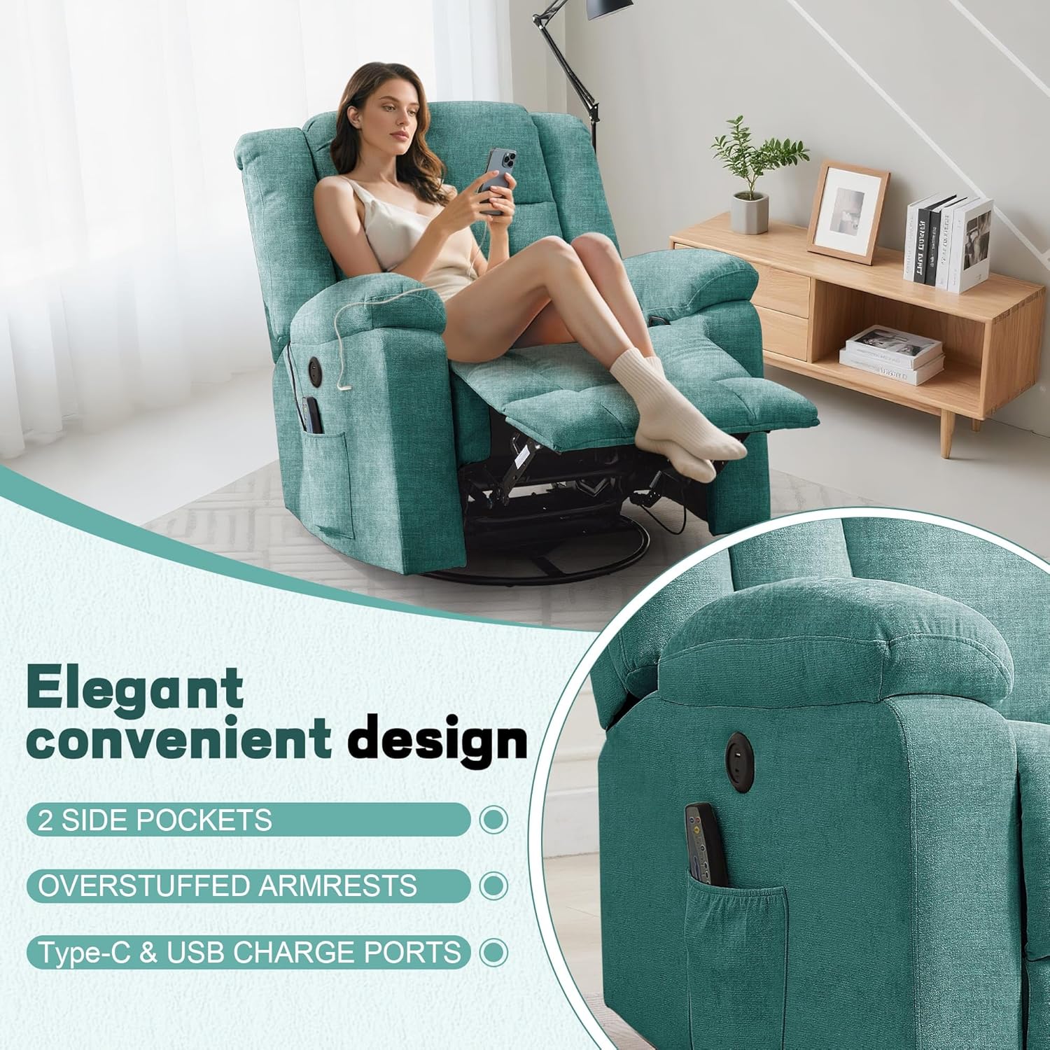 Adult rocking chair, gliding recliner, 360° rotating rocking chair with massage and heating function wourant