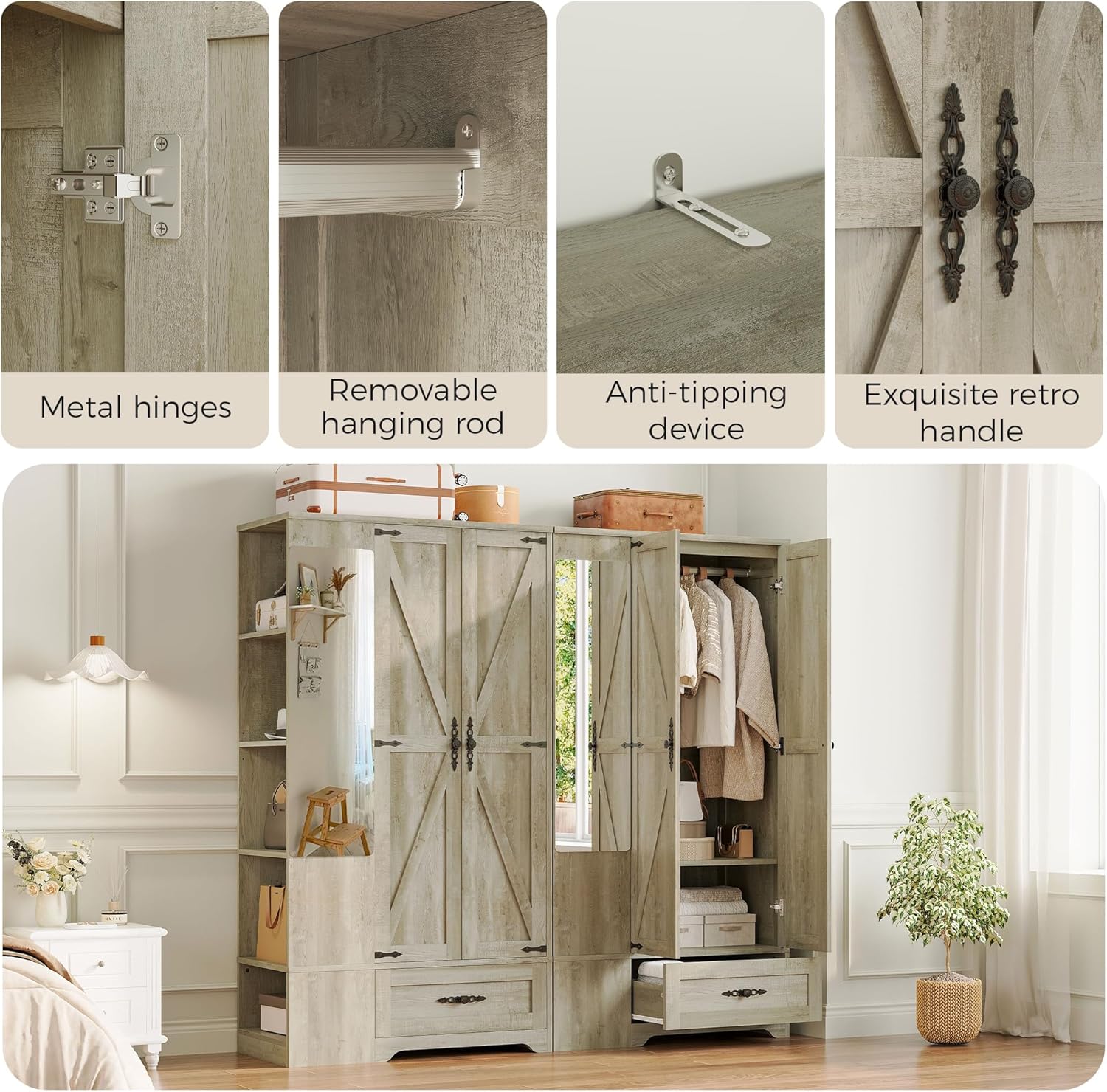 ANCTOR Armoire Wardrobe Closet with Mirror, 70" H Wooden Bedroom Armoires and Wardrobes wourant
