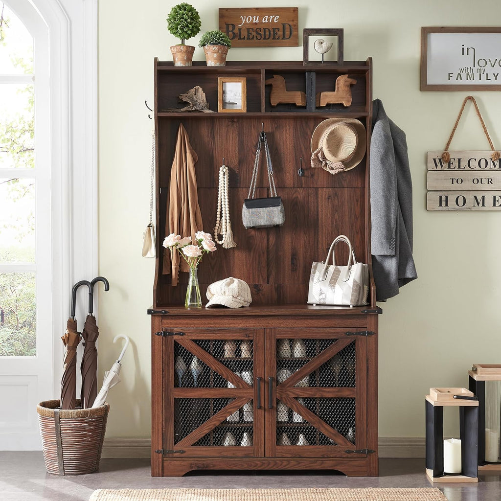 JXQTLINGMU 59" Farmhouse Hall Tree with Shoe Storage, Entryway Bench with 20 Cubbies, 12 Hooks & Sliding Barn Doors, Mudroom Coat Rack Cabinet, Off White wourant