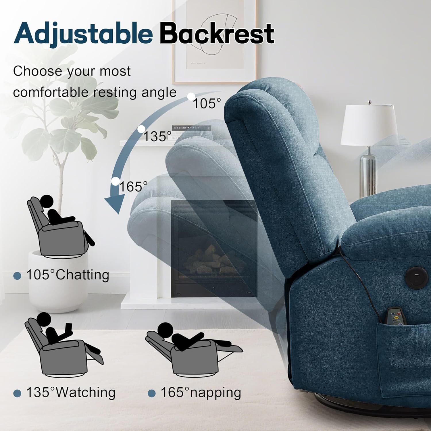 Rocker Recliner, Glider Recliner Chairs for Adults, 360° Swivel Rocking Chair with Massage and Heating, Nursery Chair with Storage and USB Charging for Living Room, Bedroom, Nursery wourant