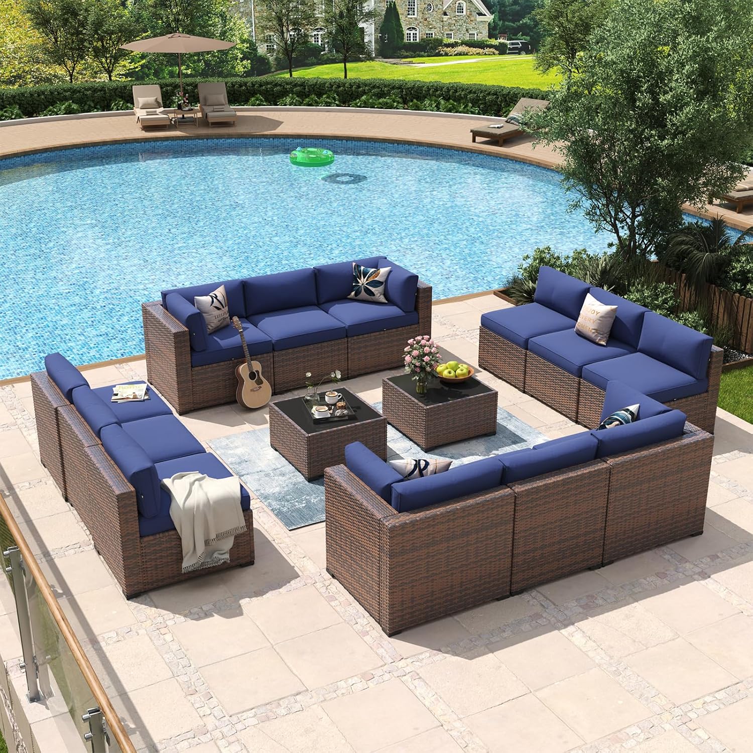 Aoxun 8 Piece Patio Furniture Set with 44?Fire Pit Table Wicker Rattan Outdoor Sectional Sofa Set with Coffee Table and Thickened Cushions, Beige (Waterproof Cover Included) woonhhop