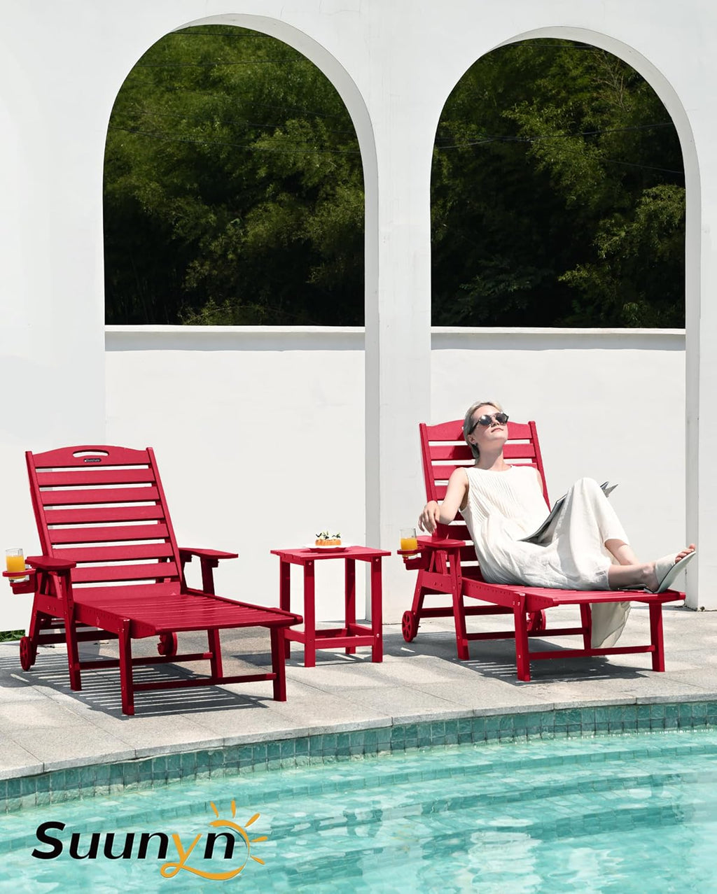 Lounge Chair Outdoor, Chaise Lounge, HDPE 6-Position Outdoor Chaise Lounge, Patio Lounge Chair with Wheels & Cup Holder for Pool Poolside Deck Backyard, Teak wourant