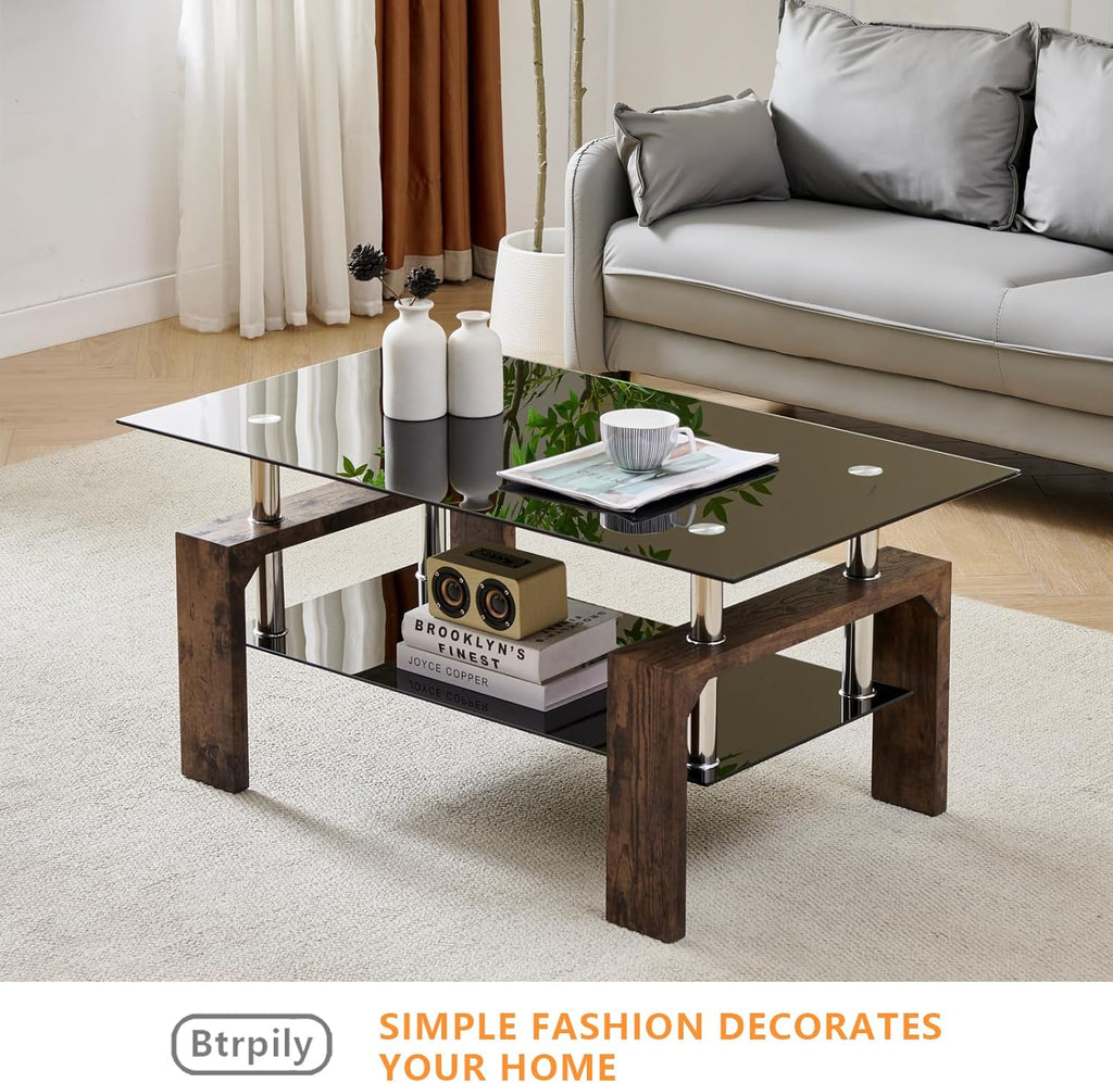 Living Room Rectangle Coffee Table, Tea Table Suitable for Waiting Room, Modern Side Coffee Table with Wooden Leg, Glass Tabletop wourant
