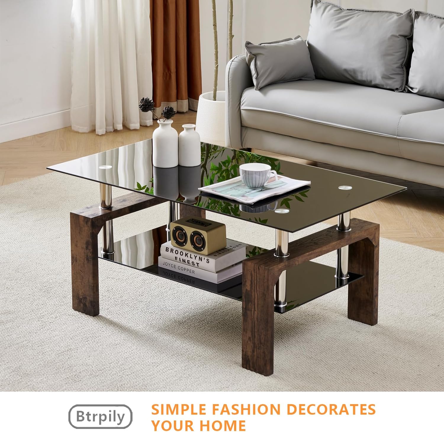 Living Room Rectangle Coffee Table, Tea Table Suitable for Waiting Room, Modern Side Coffee Table with Wooden Leg, Glass Tabletop wourant