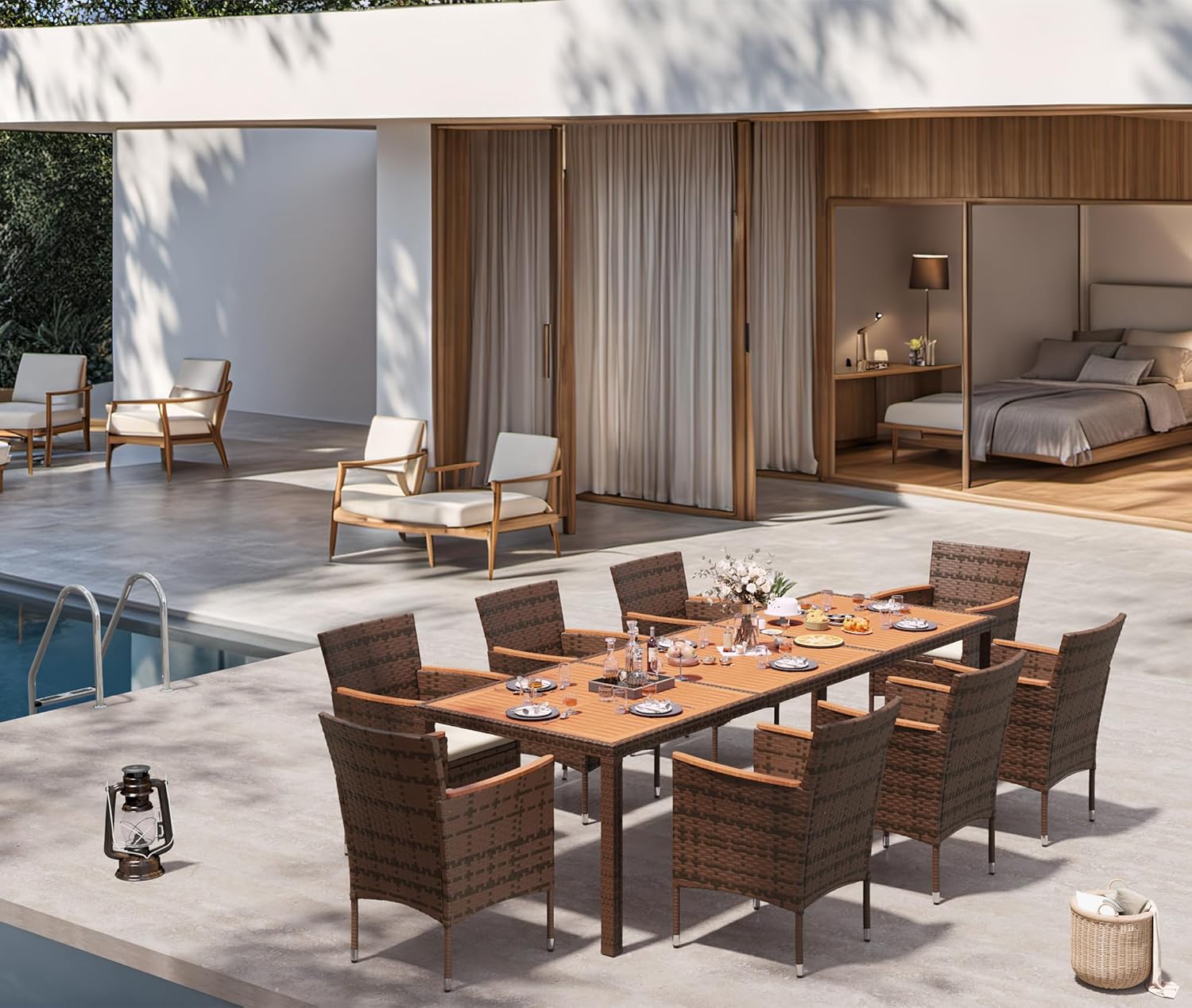 Devoko Dining 7 PCS Furniture, Patio Conversation Set with Acacia Wood Table Top, Rattan Outdoor, Black wourant