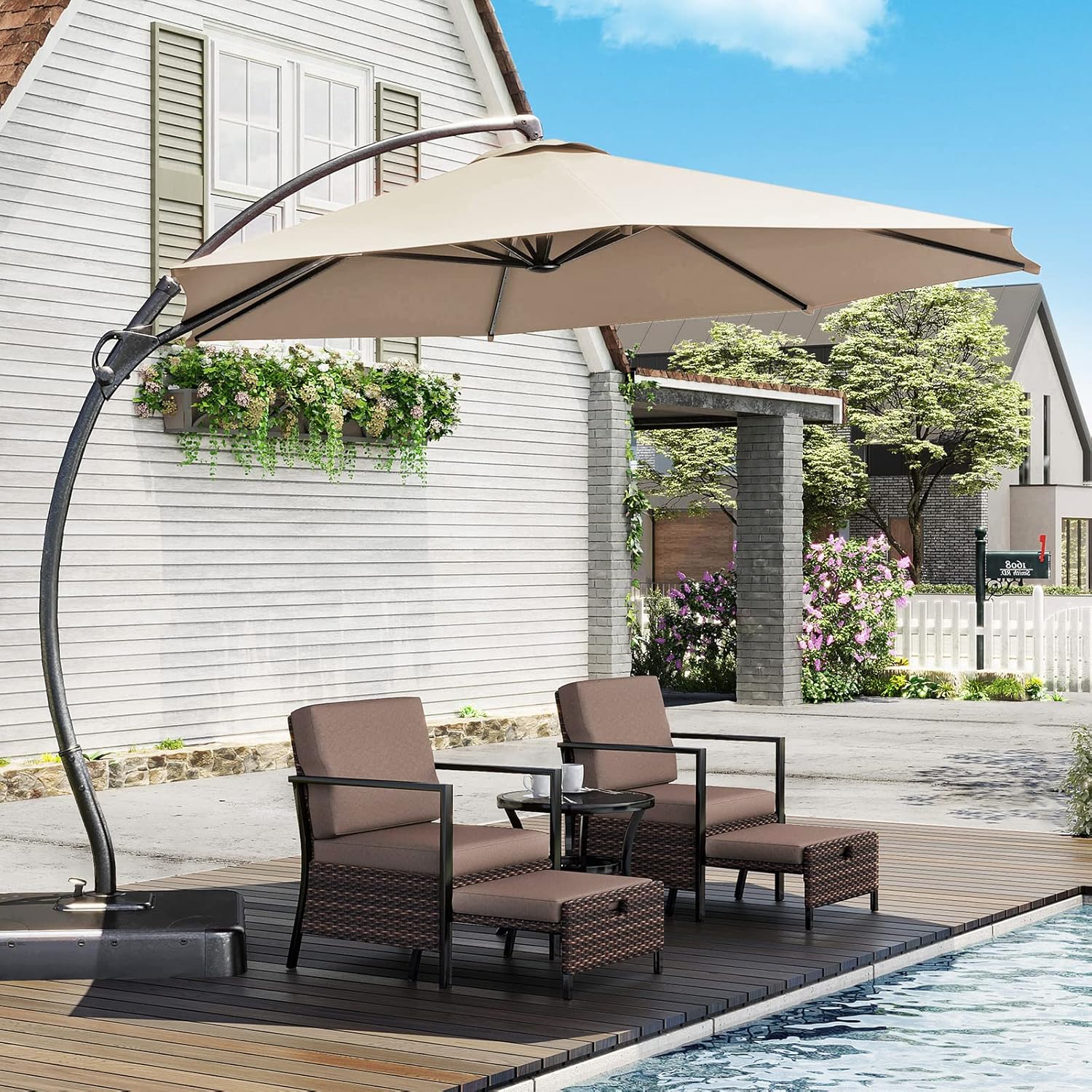 LAUSAINT HOME Outdoor Patio Umbrella with Base included, 11 FT Deluxe Curvy Cantilever Umbrella Heavy Duty Offset Hanging Umbrella with 360° Rotation for Market, Pool, Garden, Backyard, Deck (Beige) wourant
