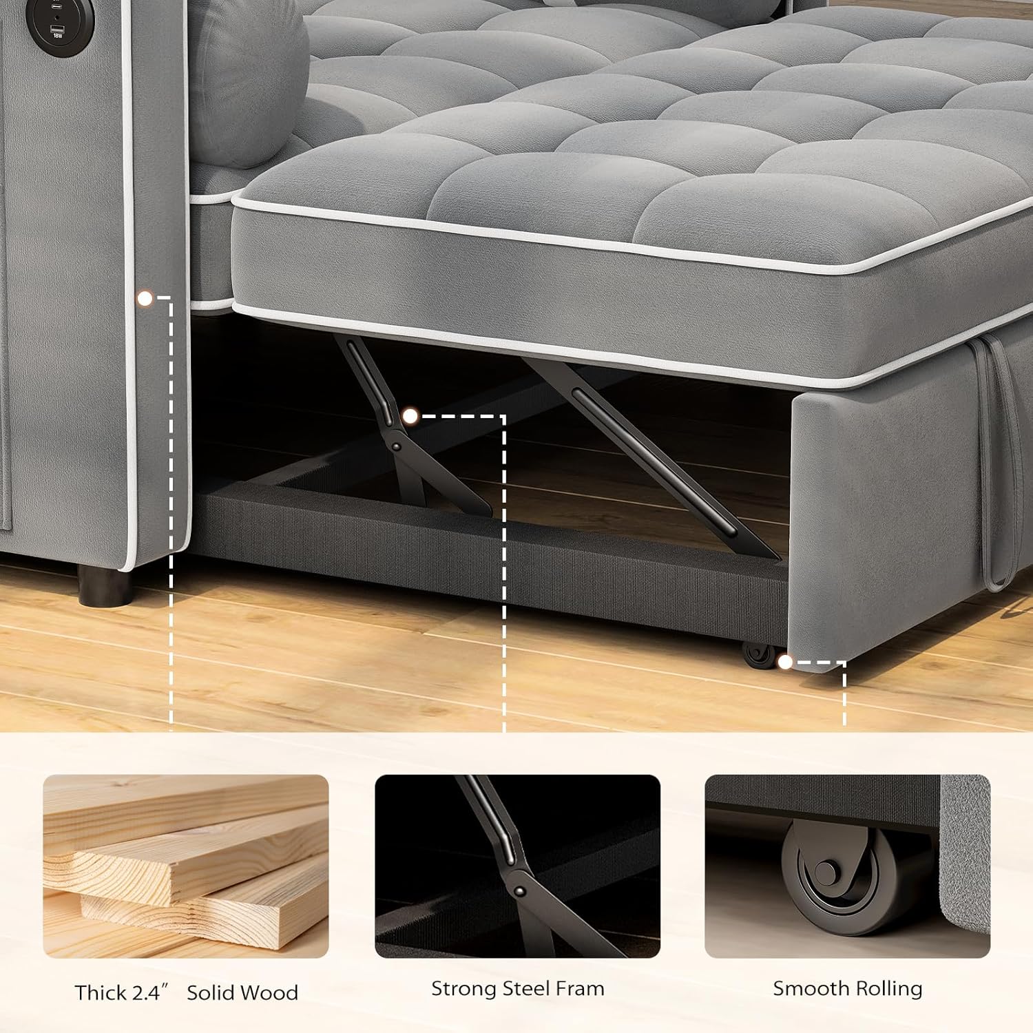 Pipishell 3 in 1 Convertible Sleeper Sofa Bed,Pull Out Couch for Living Room with USB Ports & Side Pockets,Adjustable Backrest,Velvet,Loveseat Sofa Bed,Futon Couches,Black wourant