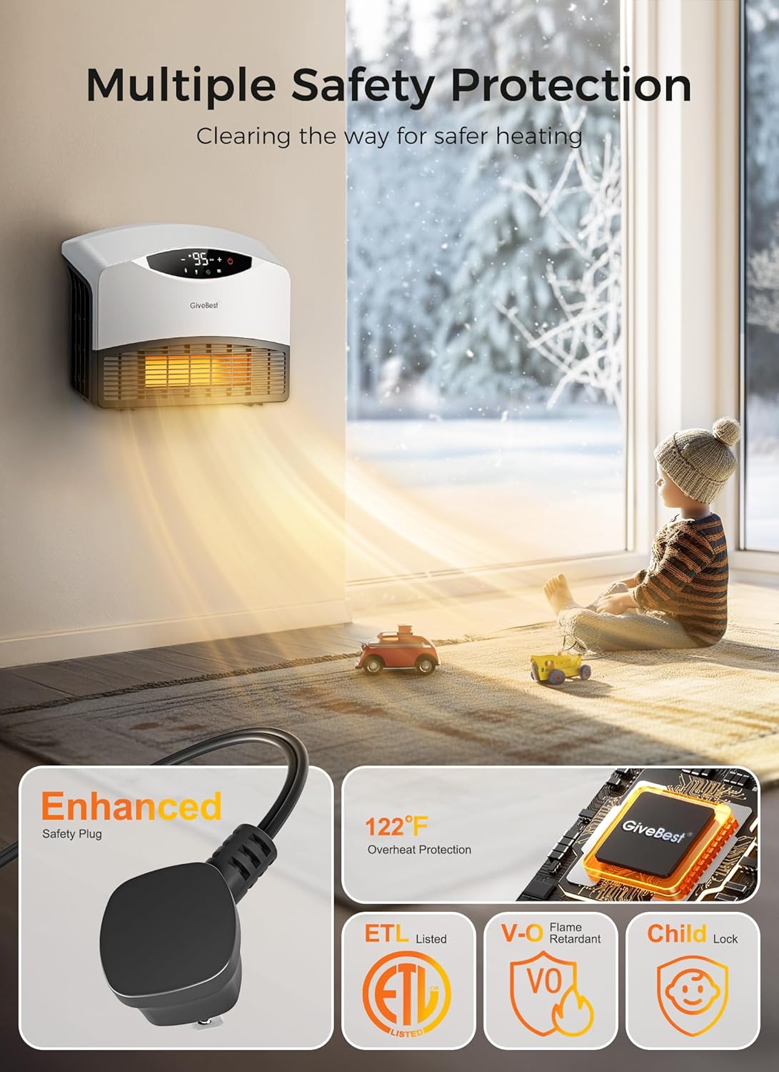 GiveBest Electric Wall Heater with WiFi and Remote Control, Floor or Wall Mounted Heater, Large Room Coverage, 3 Heating Modes, 1500W Fast Heating Space with Thermostat for Indoor Room Use wourant