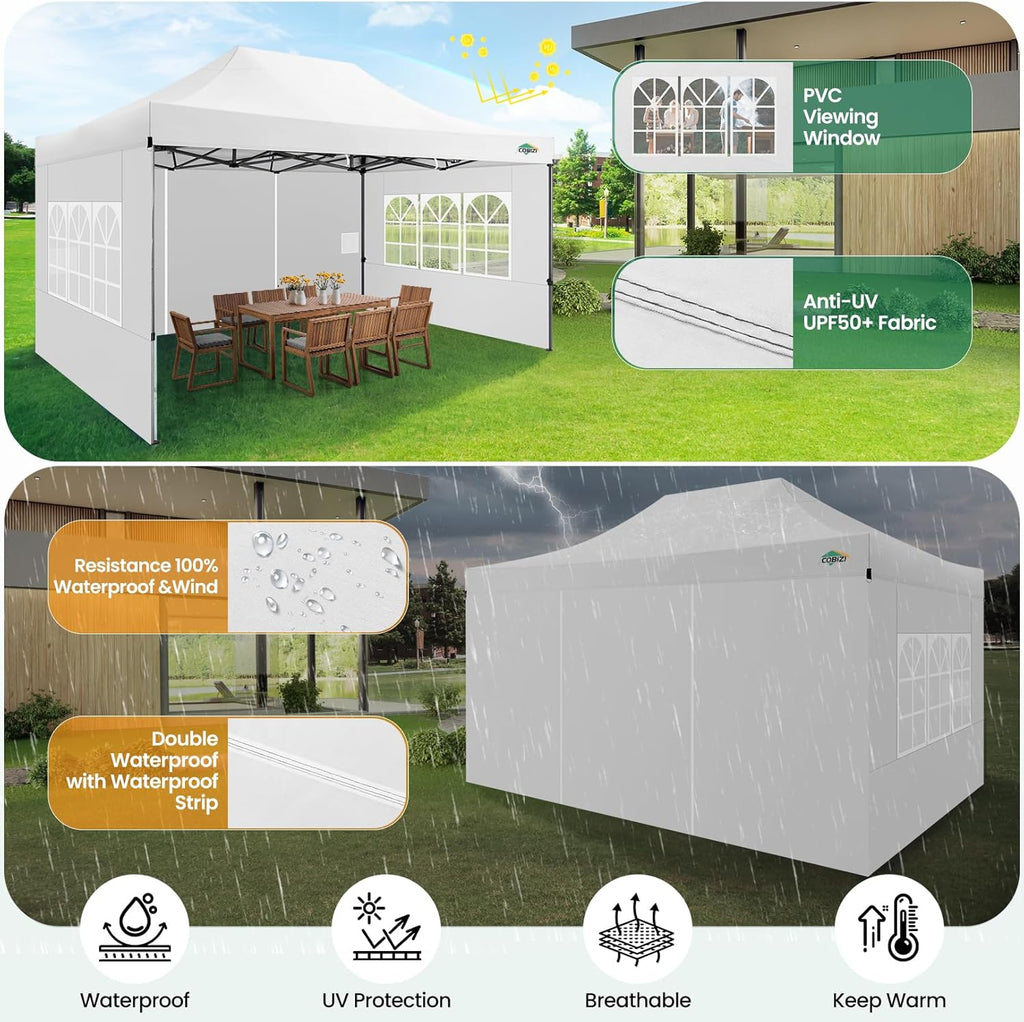 COBIZI 10x20 Heavy Duty Pop up Canopy Tent with 6 sidewalls Easy Up Commercial Outdoor Canopy Wedding Party Tents for Parties All Season Wind & Waterproof Gazebo with Roller Bag,Black(Frame Thickened) wourant