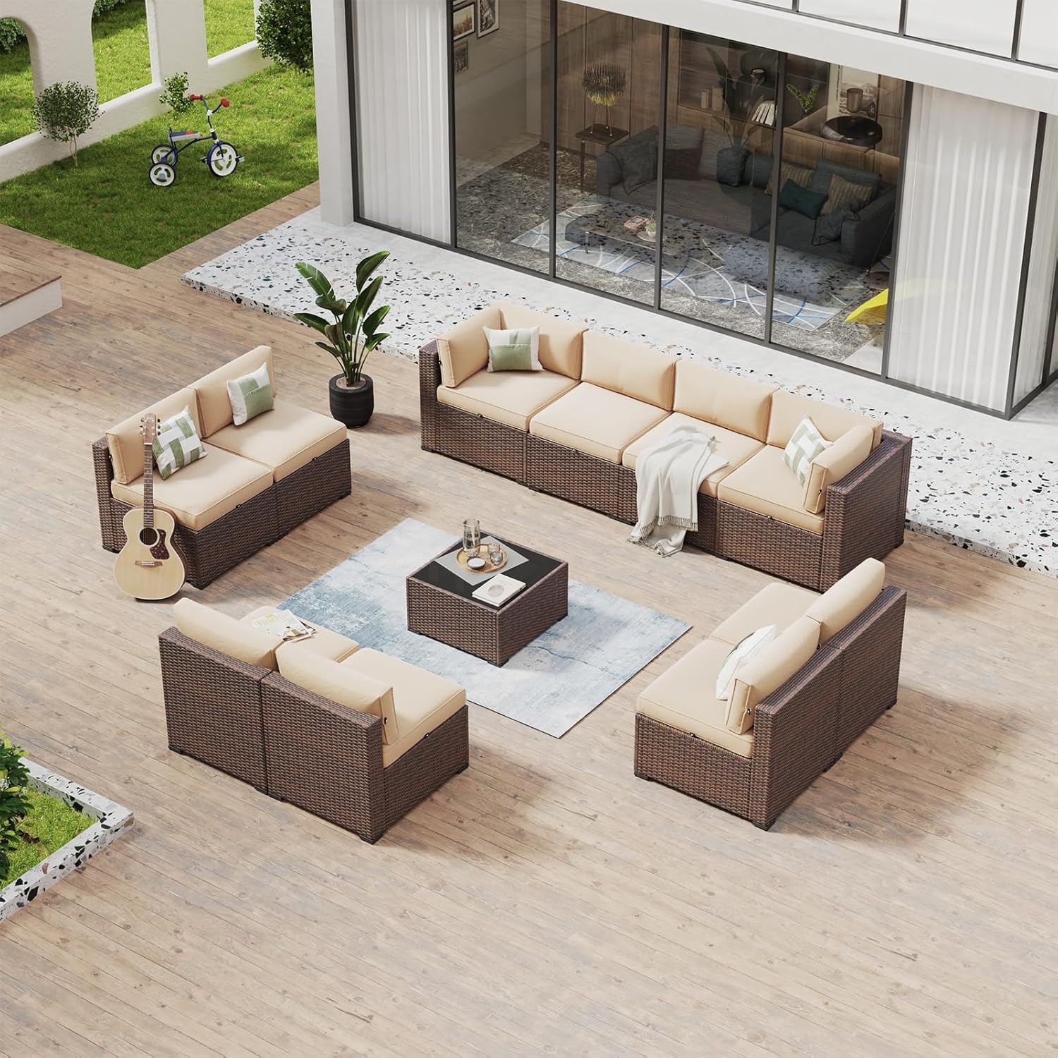 Aoxun 8 Piece Patio Furniture Set with 44?Fire Pit Table Wicker Rattan Outdoor Sectional Sofa Set with Coffee Table and Thickened Cushions, Beige (Waterproof Cover Included) woonhhop