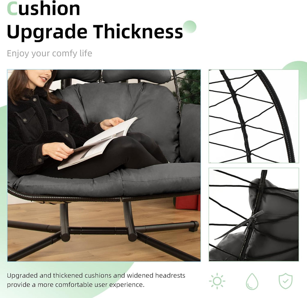 Double Egg Chair Hammock Swing Chair Foldable Hanging Loveseat UV Resistant Cushions wourant