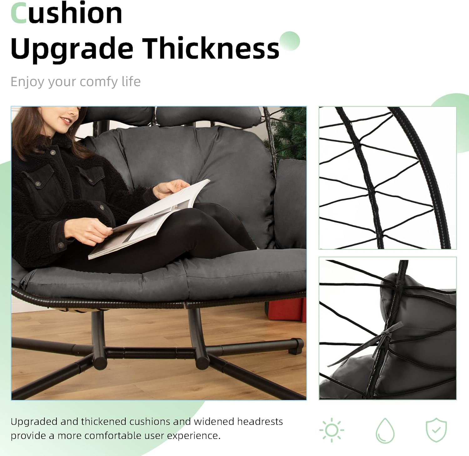 Double Egg Chair Hammock Swing Chair Foldable Hanging Loveseat UV Resistant Cushions wourant