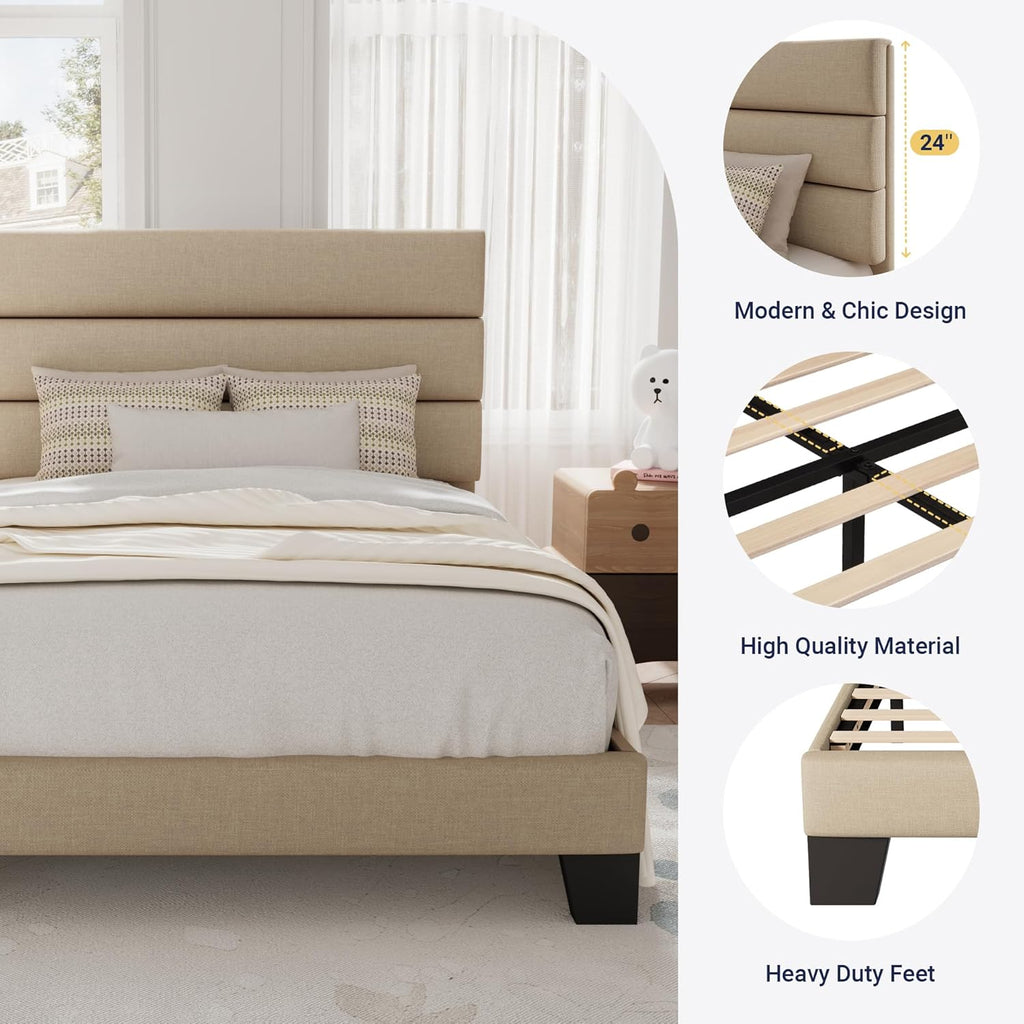 Allewie Queen Size Platform Bed Frame Fabric Upholstered Headboard Wooden Slats Support wourant
