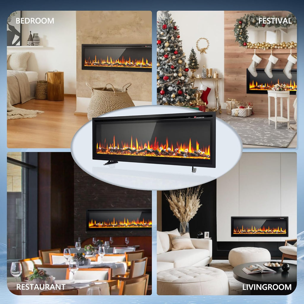 EUHOMY 50 Inch Electric Fireplace Wall Recessed and Wall Mounted with Adjustable Flame Color, Fireplace Heater with Remote Control, Linear Fireplace with Timer, Touch Screen, Log & Crystal, 750/1500W wourant