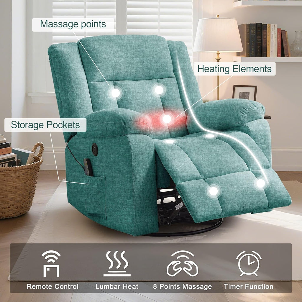 Rocker Recliner, Glider Recliner Chairs for Adults, 360° Swivel Rocking Chair with Massage and Heating, Nursery Chair with Storage and USB Charging for Living Room, Bedroom, Nursery wourant
