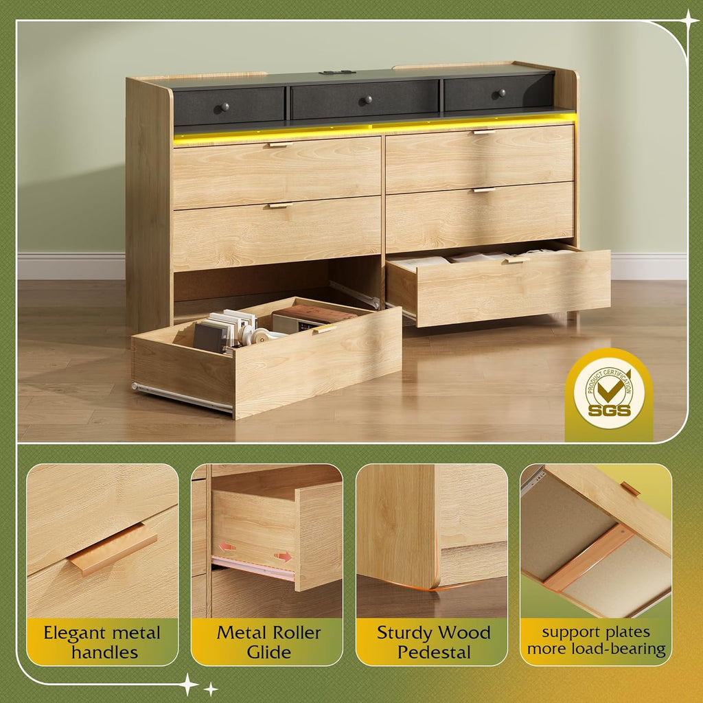 9 Drawer Led Dresser for Bedroom, 58.35'' Wide Wood Dresser Storage Organizer with Power Outlets for 65'' TV, Dressers with Open Shelves wourant
