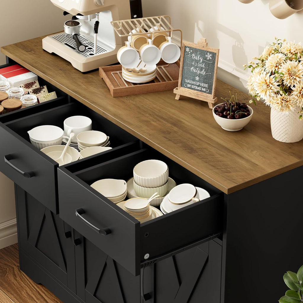 Modern farmhouse sideboard, barn door buffet storage cabinet with drawers and shelves, wooden coffee bar with storage wourant