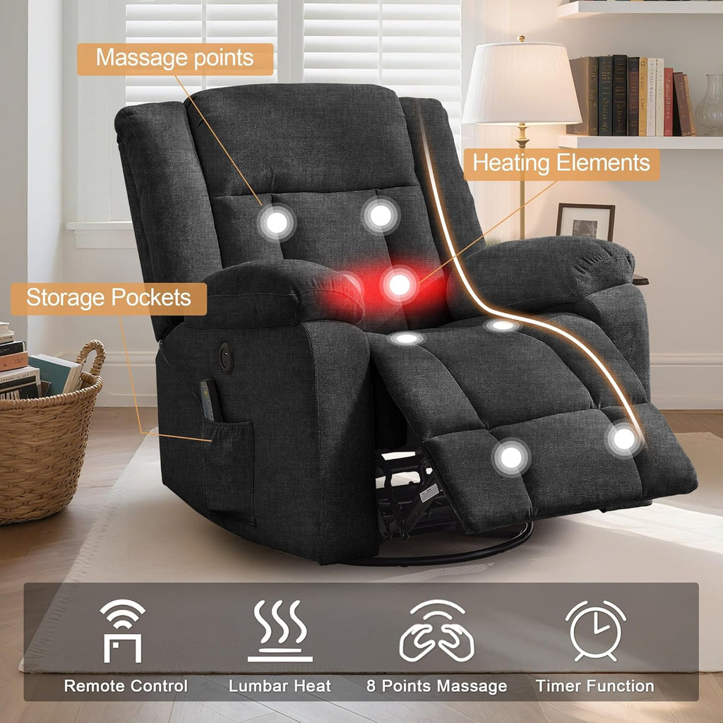 Rocker Recliner, Glider Recliner Chairs for Adults, 360° Swivel Rocking Chair with Massage and Heating, Nursery Chair with Storage and USB Charging for Living Room, Bedroom, Nursery wourant