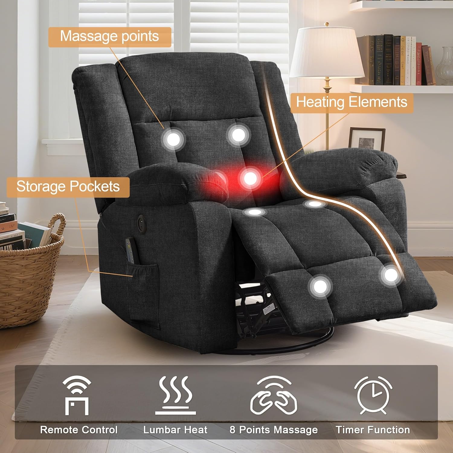 Adult rocking chair, gliding recliner, 360° rotating rocking chair with massage and heating function wourant