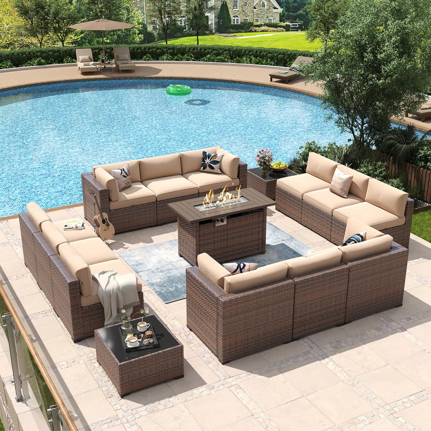 Aoxun 8 Piece Patio Furniture Set with 44?Fire Pit Table Wicker Rattan Outdoor Sectional Sofa Set with Coffee Table and Thickened Cushions, Beige (Waterproof Cover Included) woonhhop