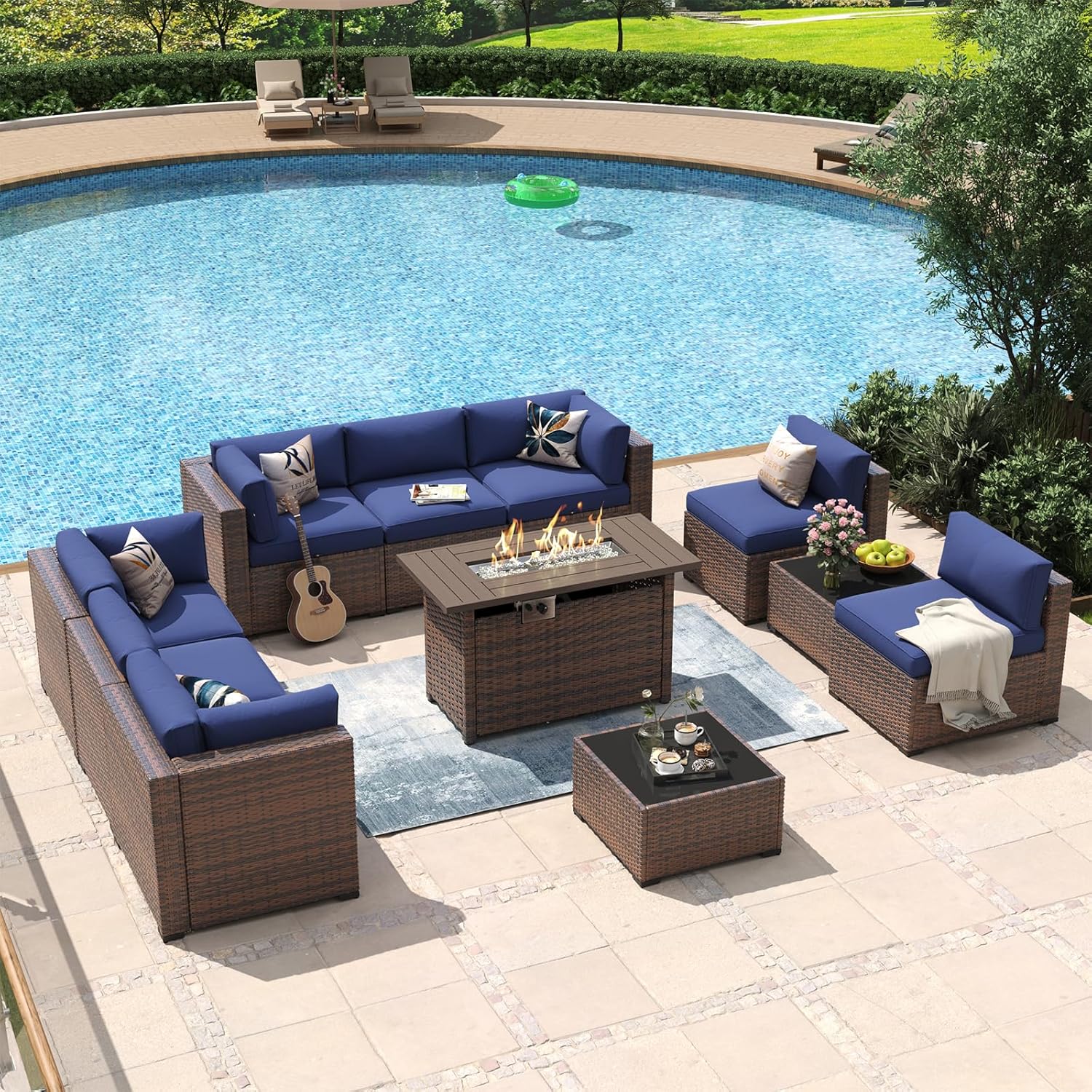 Aoxun 8 Piece Patio Furniture Set with 44?Fire Pit Table Wicker Rattan Outdoor Sectional Sofa Set with Coffee Table and Thickened Cushions, Beige (Waterproof Cover Included) woonhhop