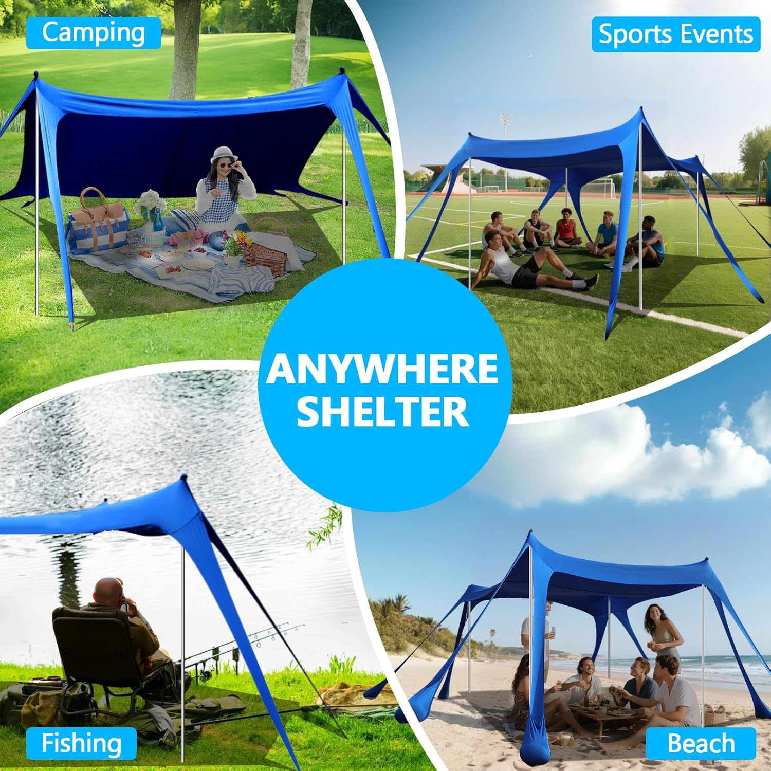 Beach Tent Sun Shelter, 10 x 10 FT Beach Canopy Tent Sun Shade Heavy Duty, UPF50+ Beach Tent Canopy with 8 Sandbags & 4 Stability Poles, Outdoor Beach Shade Canopy for Camping and Fishing, Blue wourant