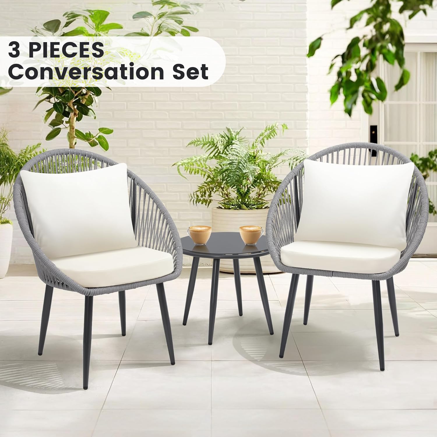 3 Piece Bistro Set, Woven Rope Chair with Cushions, All Weather Patio Conversation Set with Side Table, Ideal for Deck, Balcony, Poolside, Black wourant