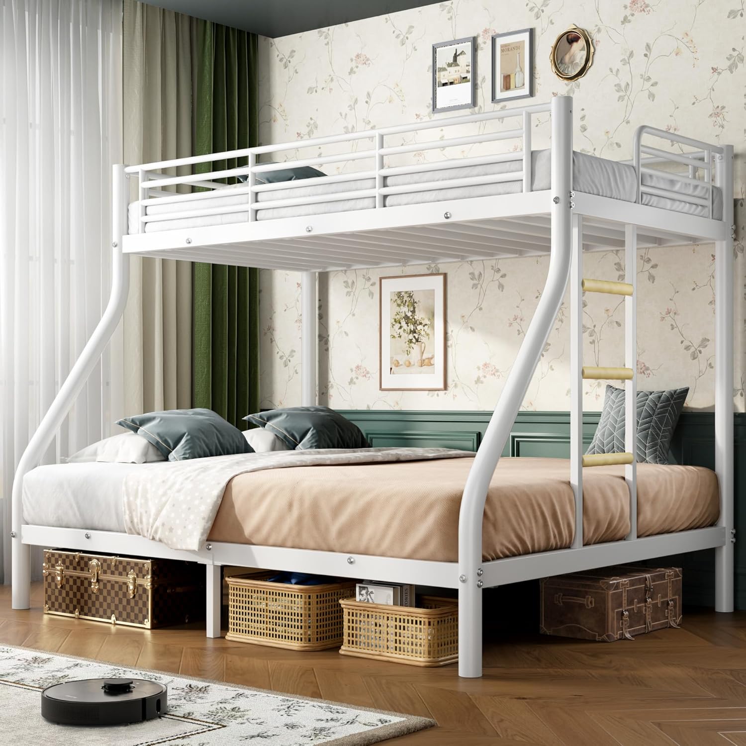 Cyranture Bunk Beds Twin Over Full Size Heavy Duty Bunk Beds Guardrail Metal Bunk Bed Frame wourant