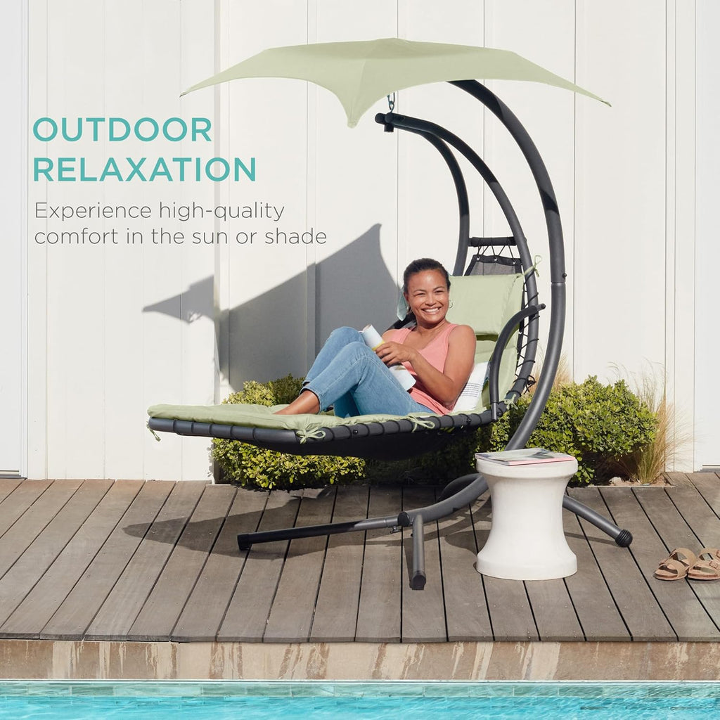 Best Choice Products Outdoor Hanging Curved Steel Chaise Lounge Chair Swing w/Built-in Pillow and Removable Canopy - Charcoal Gray wourant