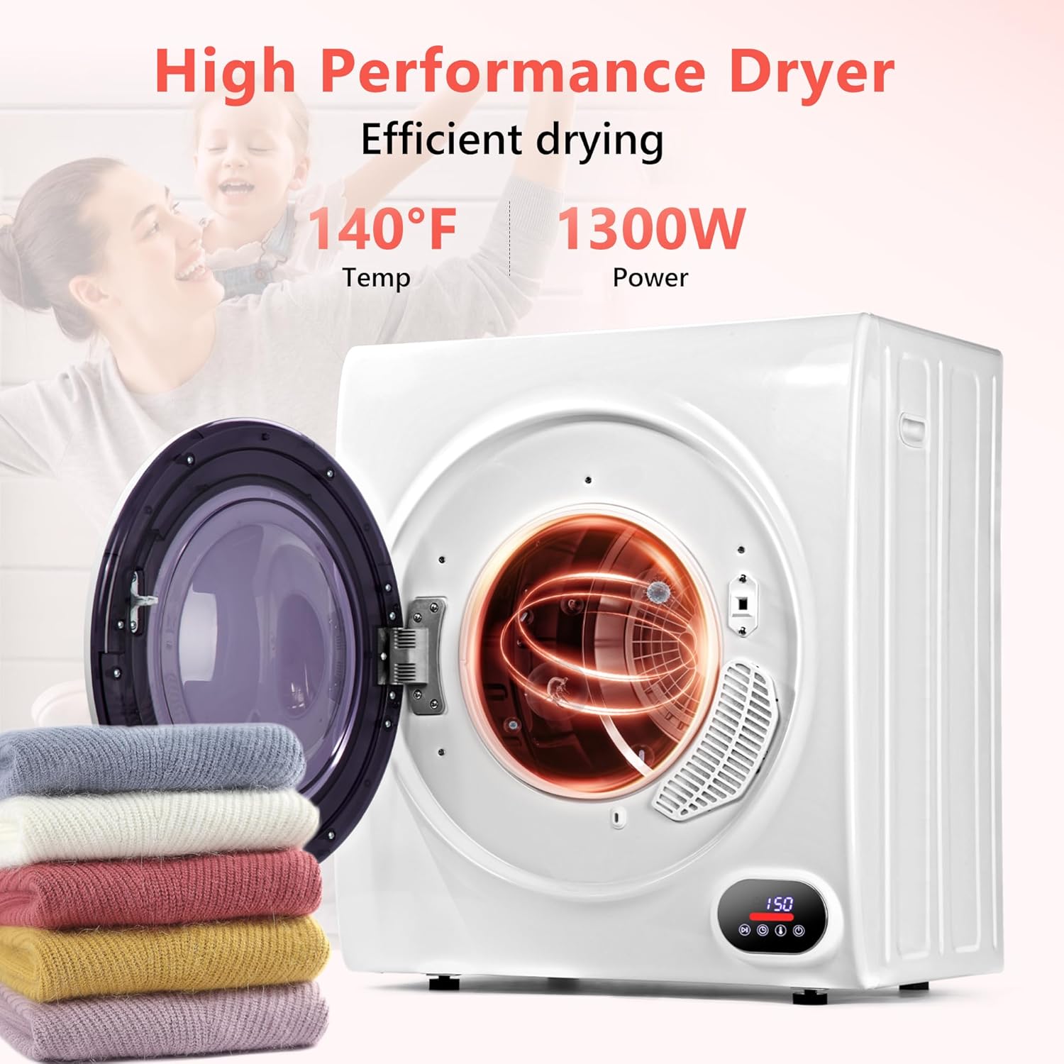 Compact Laundry Dryer, 3.5 cu ft Front Load Stainless Steel Clothes Dryers With Exhaust Pipe, 1500W, LCD Control Panel Four-Function Portable Dryer For Apartments, Home, Dorm, White wourant