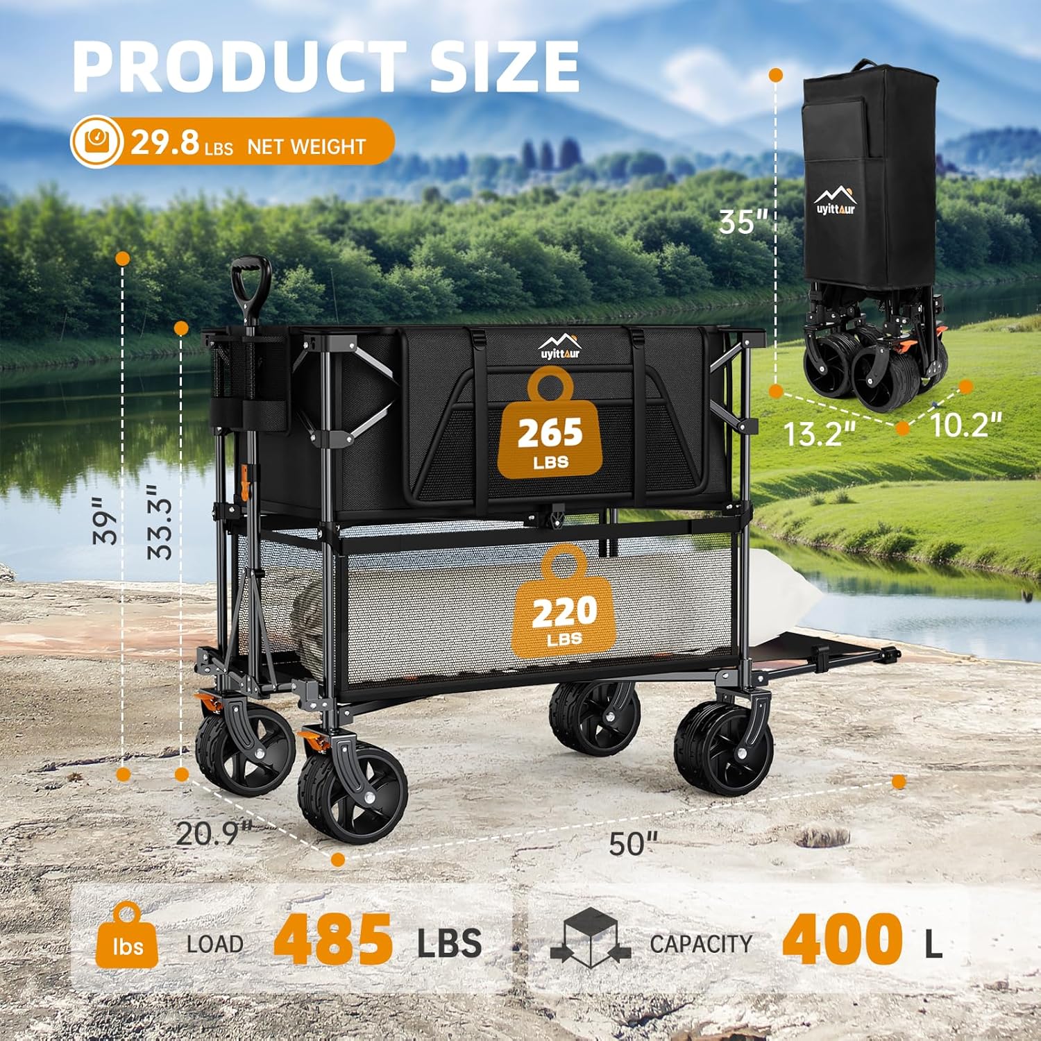 Foldable 50''L Extra Long Double Decker Wagon for Sport, 400L Collapsible Heavy Duty Wagon Cart with Big Wheels, Utility All-Terrain Large Extender Cart for Outdoors wourant