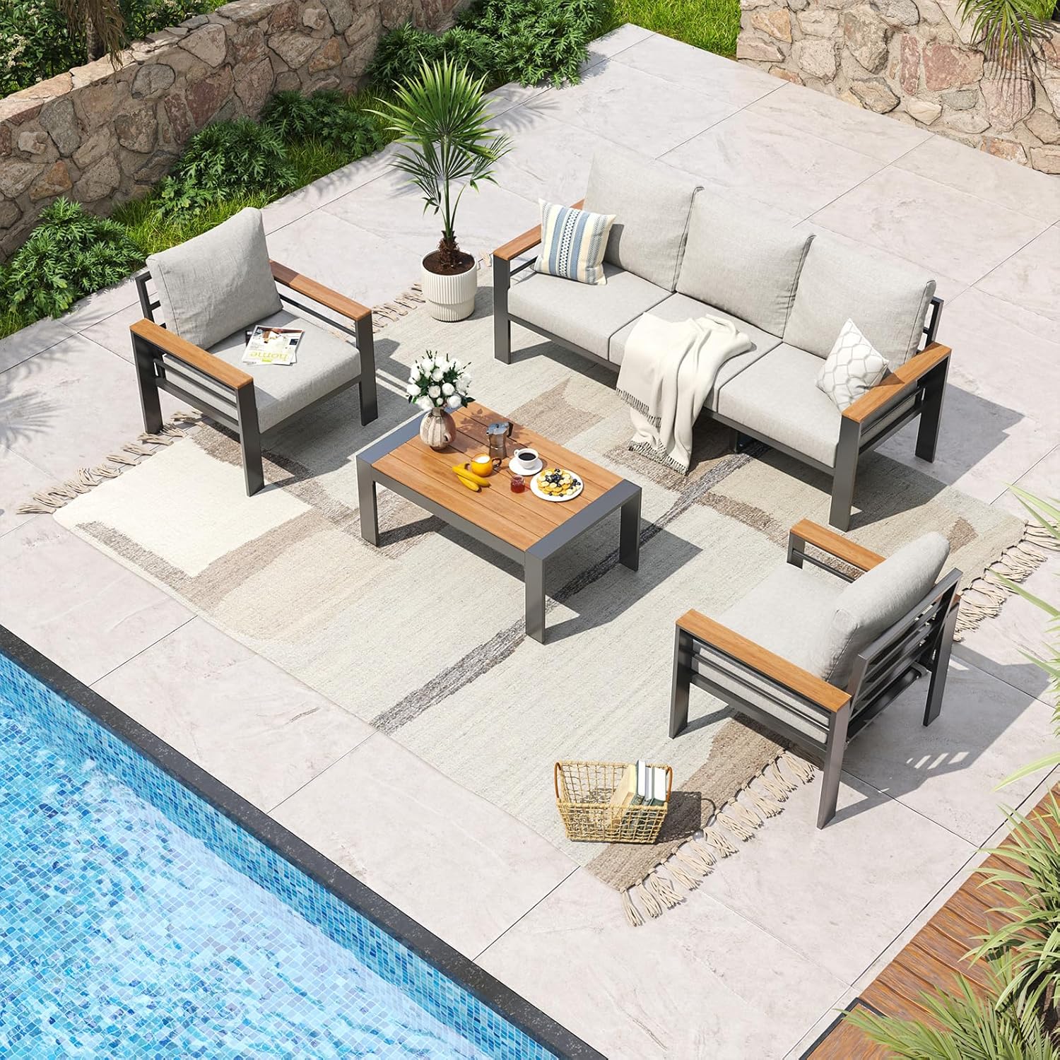 Aoxun Aluminum Patio Furniture Set 7 Seats, Oversized Outdoor Sectional with Washable Thick Cushions, Coffee Table and Waterproof Cover, Patio Conversation Sets for Porch, Balcony, Deck woonhhop