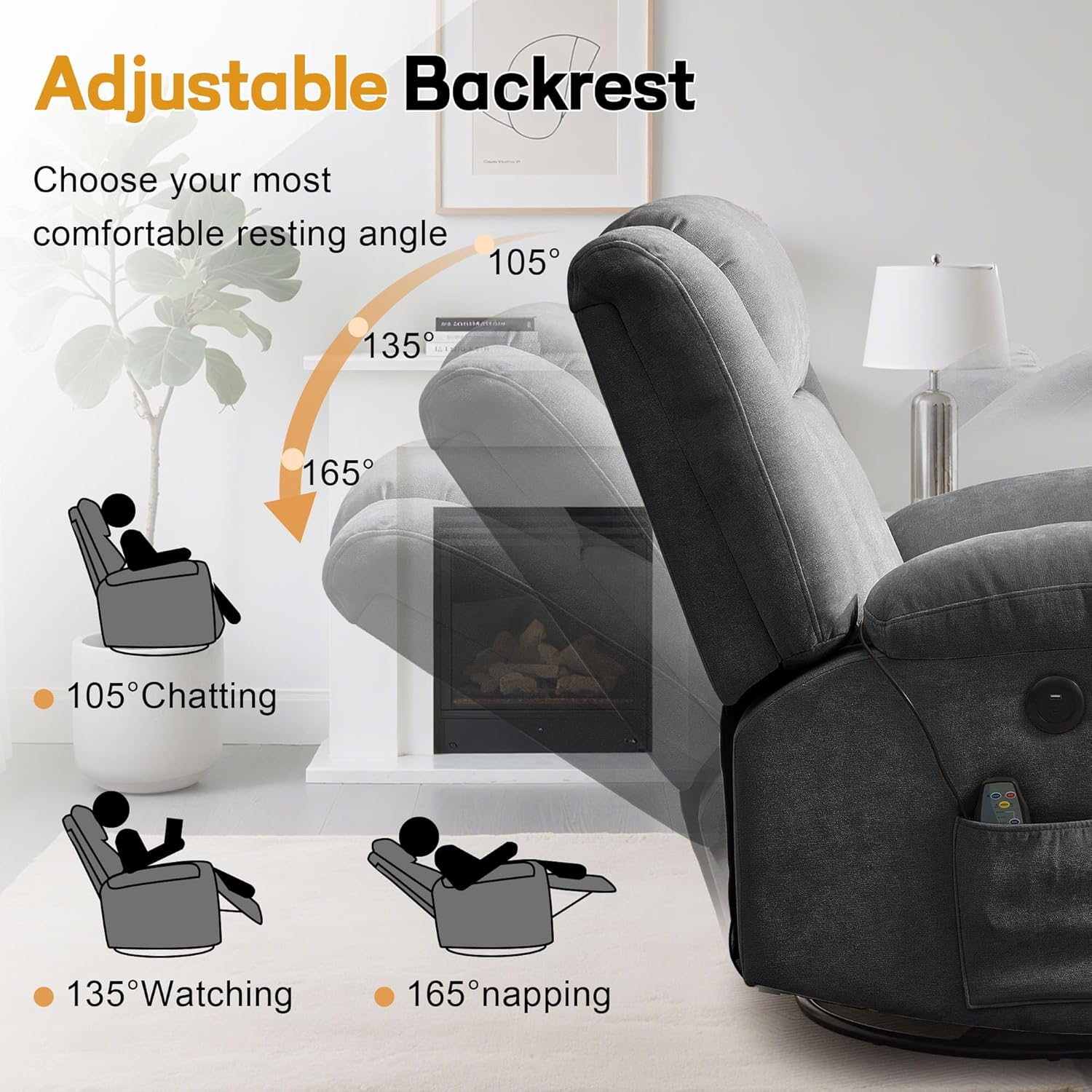 Adult rocking chair, gliding recliner, 360° rotating rocking chair with massage and heating function wourant