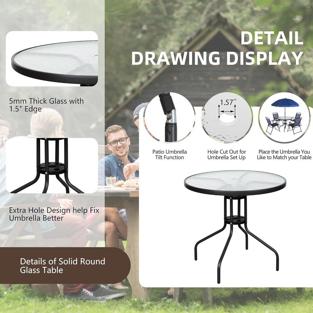 Vongrasig 6 Piece Folding Patio Dining Set,Small Metal Outdoor Garden Patio Table and Chair Set w/Umbrella for Lawn,Deck,Backyard,Black wourant