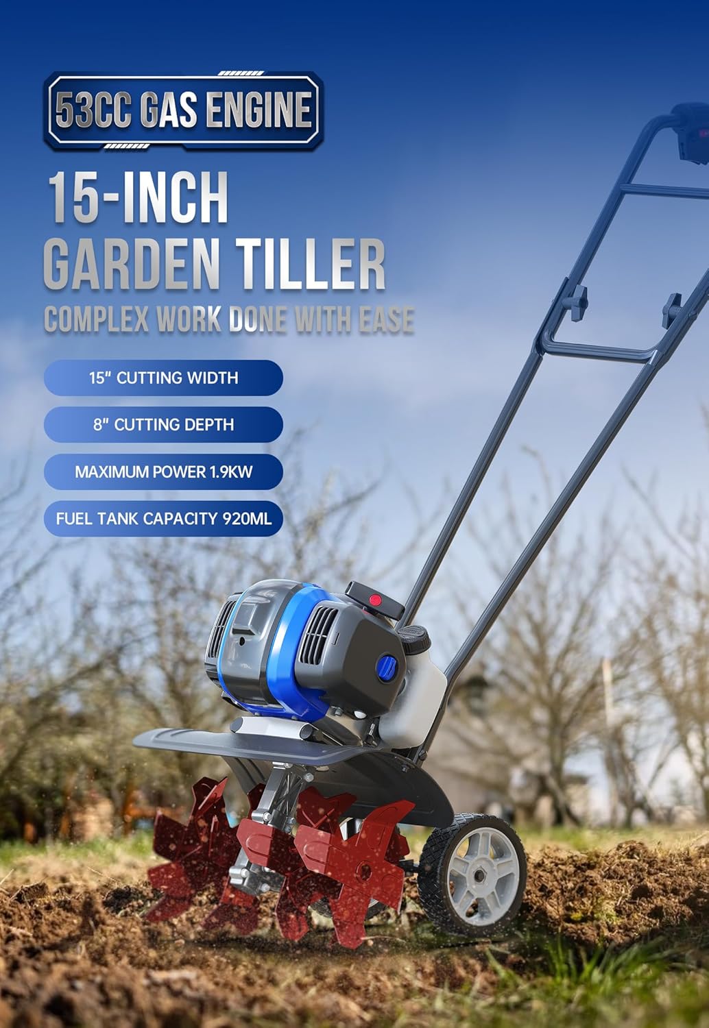 Garden Tiller 53cc Mini Cultivator 15 inch Powerful Liftable Booster Rod Tilling Tool for Lawn, Garden and Field Soil Cultivation wourant