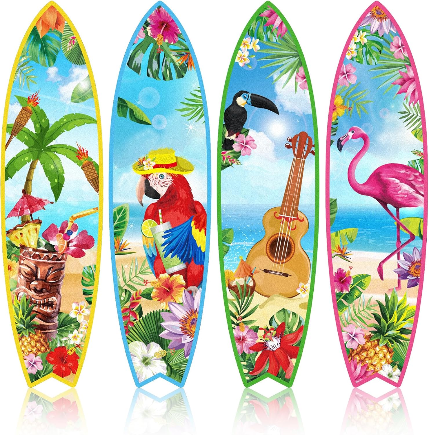 Blulu 4 Pcs Surfboard Wall Decor Surfboard Wall Hanging Sign Wooden Beach Decoration Summer Theme Decor Hawaiian Luau Party Decoration for Home Bar Aloha Tropical Birthday Party(Tiki) wourant