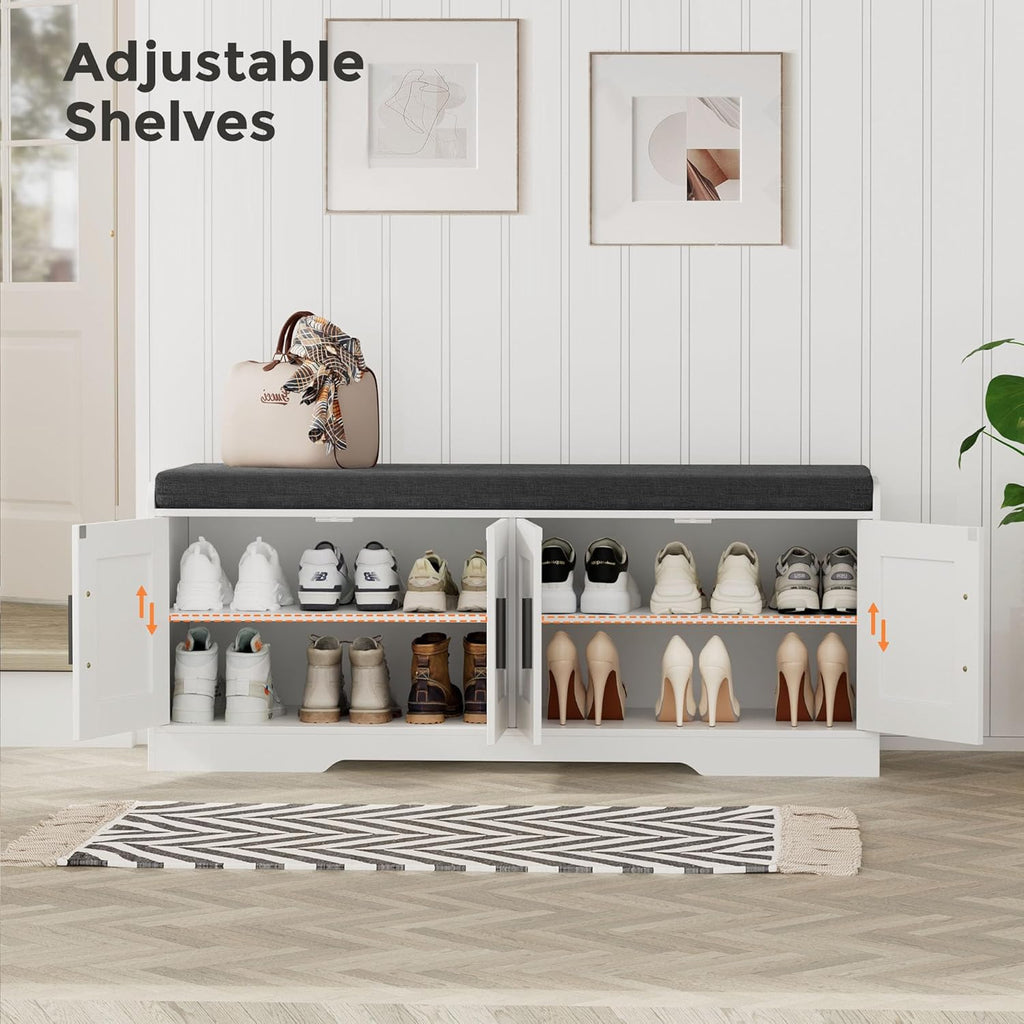 2-Tier Storage Bench, Shoe Bench with Thickened Padded Seat Cushion, Entryway Bench with 4 Doors, Adjustable Shelf, 13.8" D x 45.3" W x 18.5" H, for Entryway, Living Room, Bedroom, White wourant