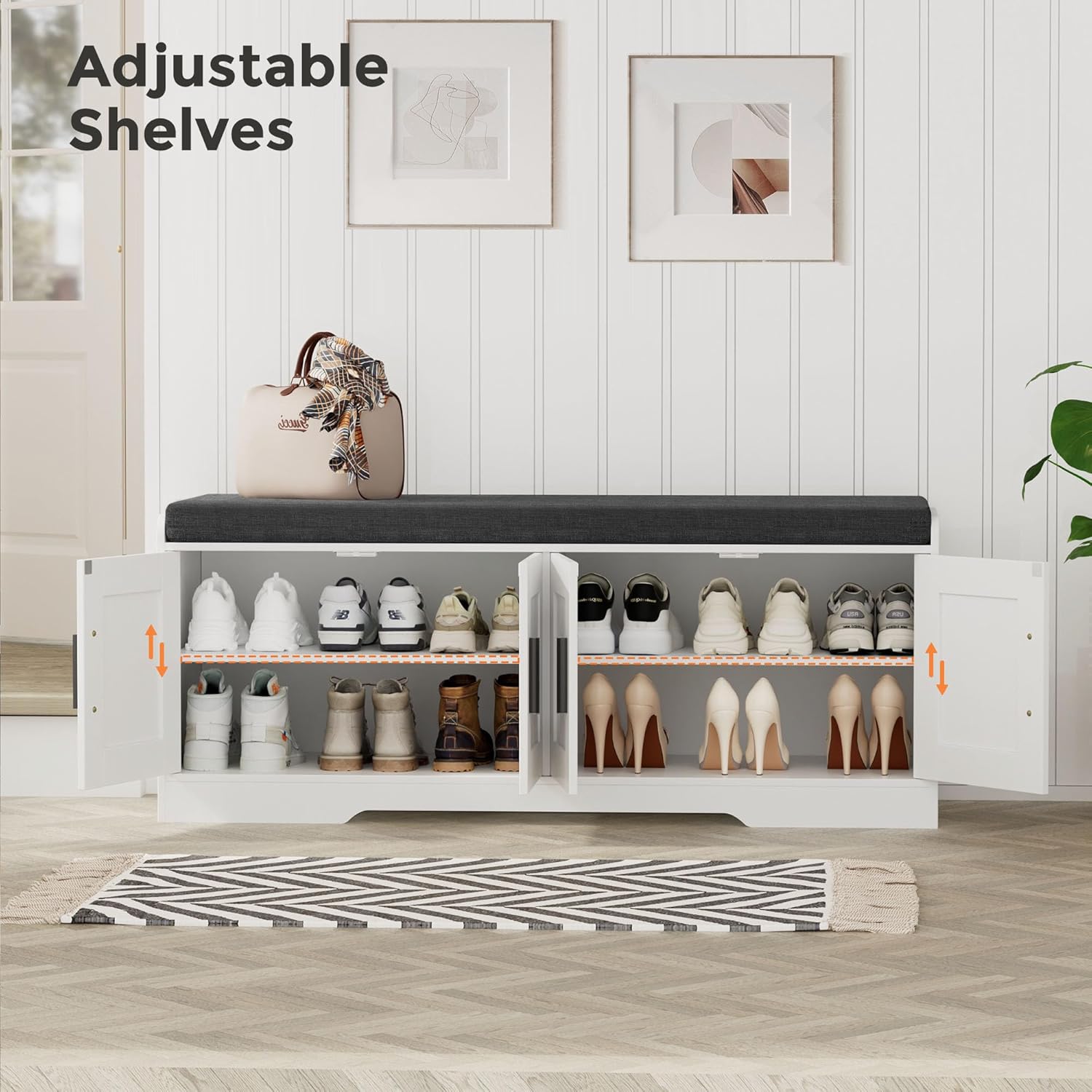 2-Tier Storage Bench, Shoe Bench with Thickened Padded Seat Cushion, Entryway Bench with 4 Doors, Adjustable Shelf, 13.8" D x 45.3" W x 18.5" H, for Entryway, Living Room, Bedroom, White wourant