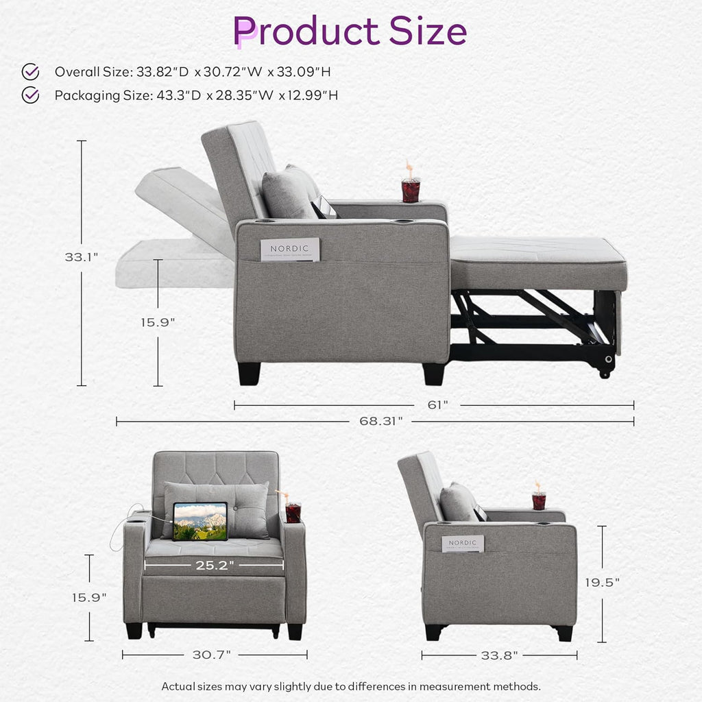 Adult Convertible Sleeper Chair Bed, 3-in-1 Pull-Out Sofa Bed with USB/Type-C Ports, Cup Holders, Side Pockets, Single Sofa wourant