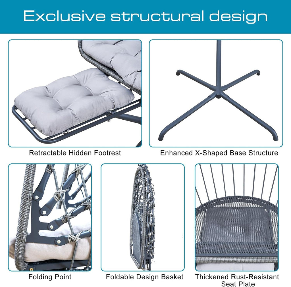 Hanging Egg Chair Stand Leg Rest Rattan Wicker Swing Hammock Chair UV-Resistant Cushion wourant