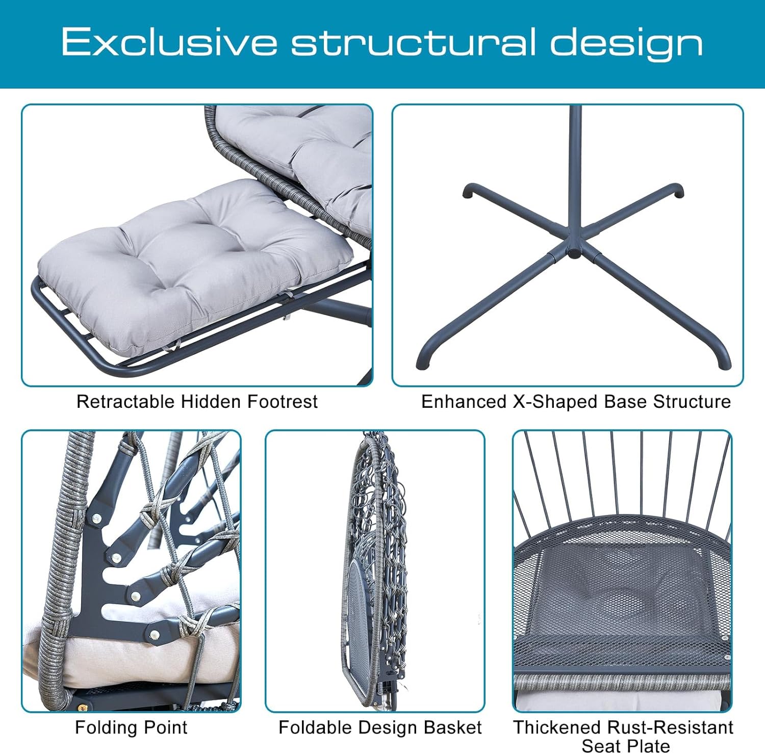 Hanging Egg Chair Stand Leg Rest Rattan Wicker Swing Hammock Chair UV-Resistant Cushion wourant