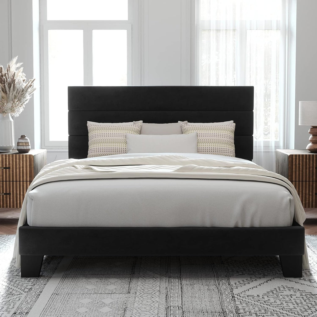 Allewie Queen Size Platform Bed Frame Fabric Upholstered Headboard Wooden Slats Support wourant