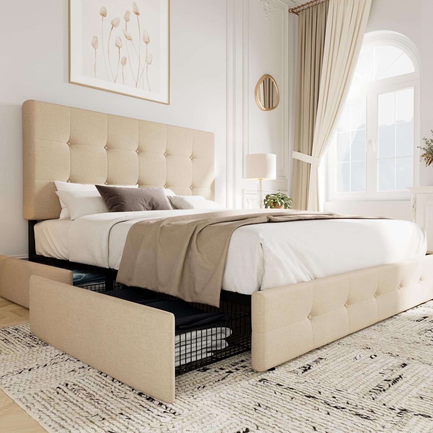 Allewie Upholstered Queen Size Platform Bed Frame with 4 Storage Drawers and Headboard wourant